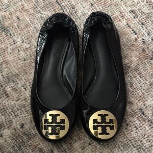 Kids Tory Burch Black Ballet Flats with Gold Logo